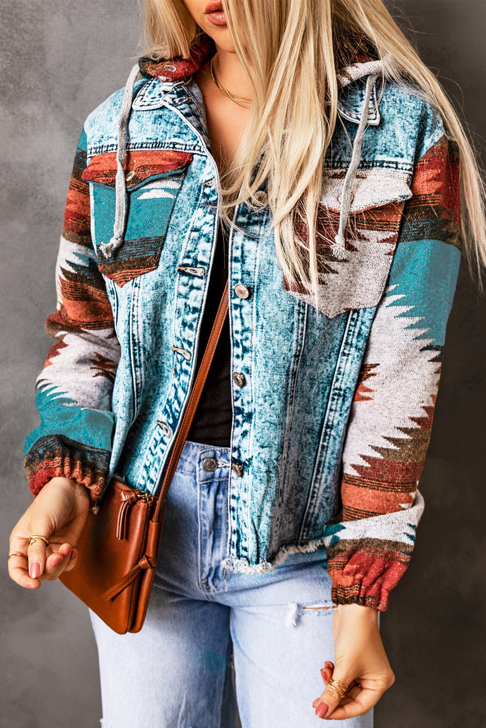 Multicolor Aztec Print Frayed Hem Denim Jacket | Boho