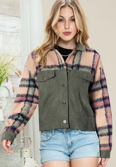 Plaid Corduroy Button Up Jacket with Flap Pockets