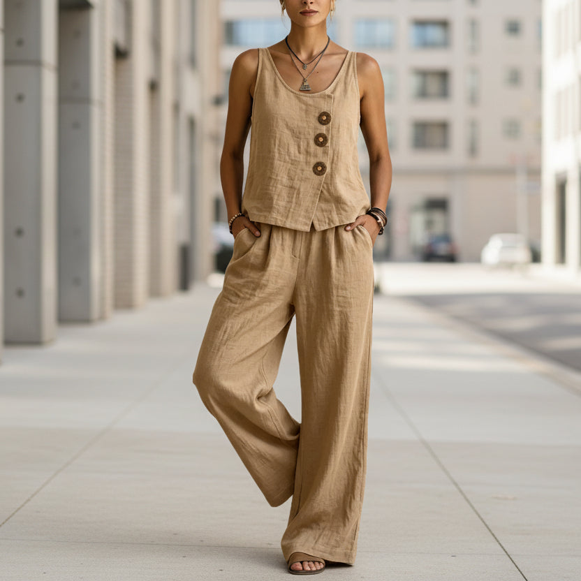 Women's Cotton Linen Sleeveless Tank Top and Wide Leg Pants Set