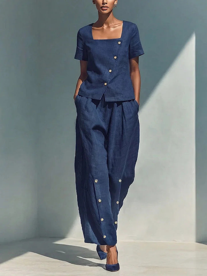 Women's Short Sleeve Square Neck Top and Buttoned Pant Set - Image 7