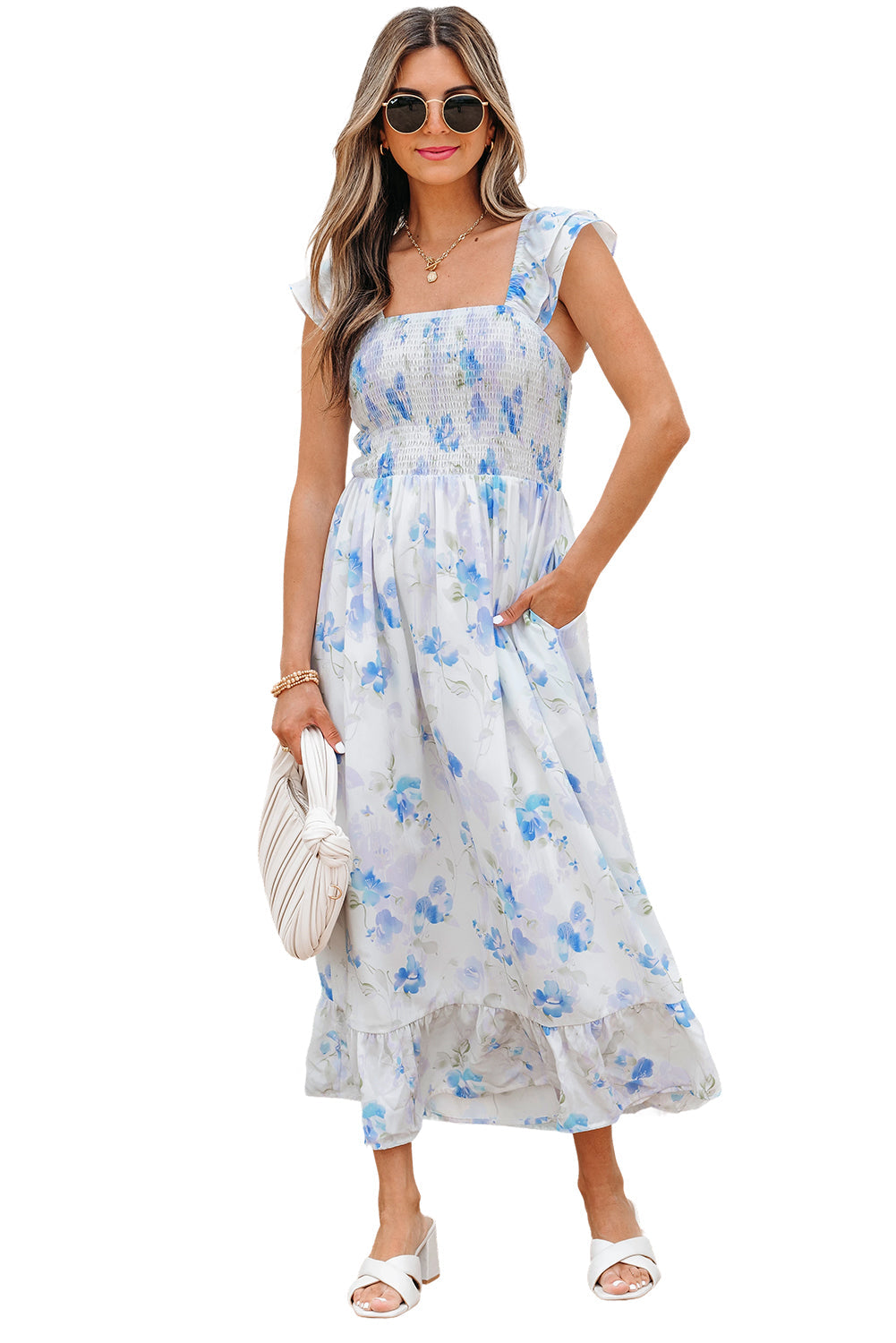 Sky Blue Floral Smocked High Waist Maxi Dress | Sleeveless