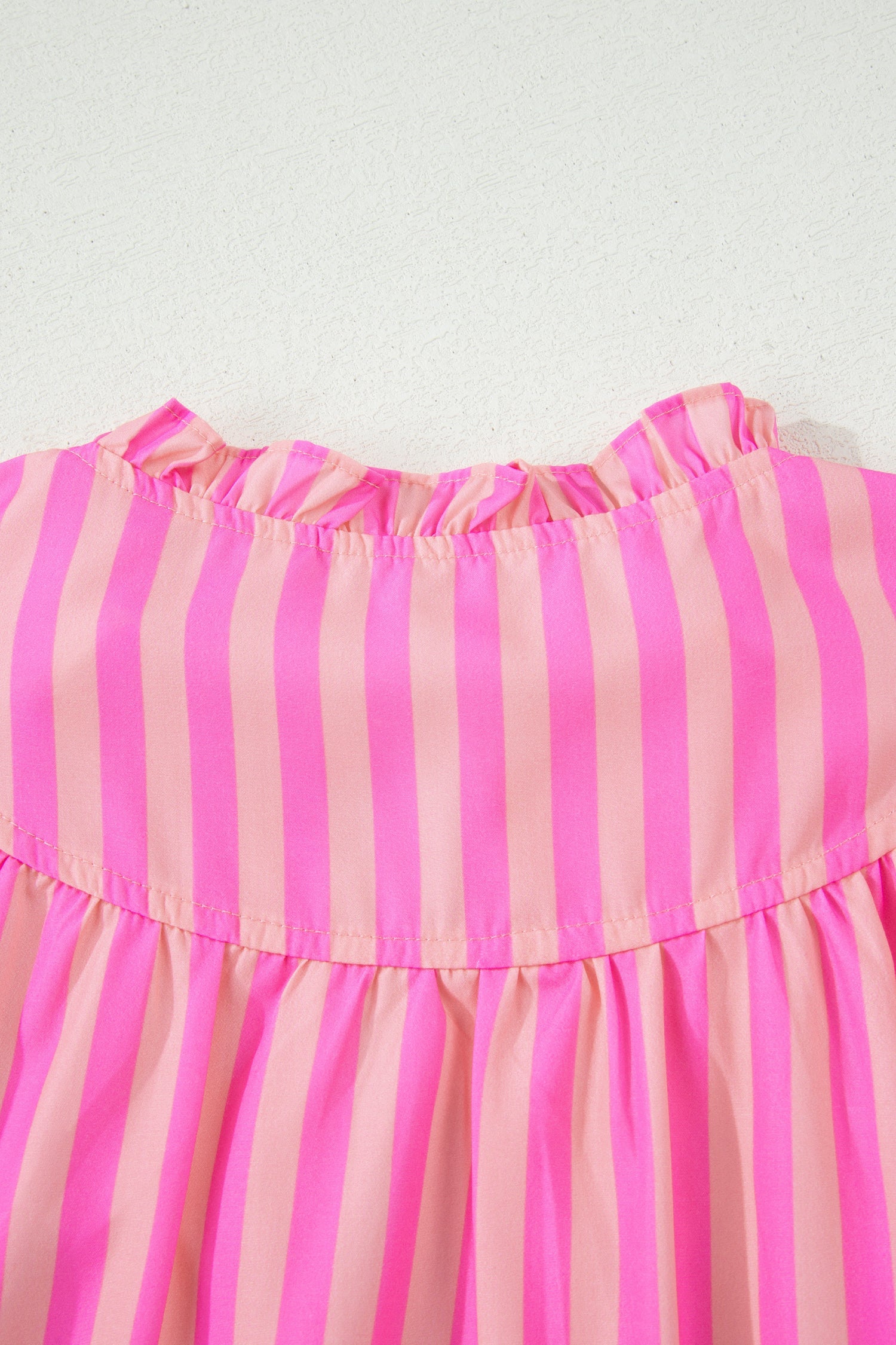Juniper Striped V-Neck Ruffled Summer Blouse in Pink & Peach