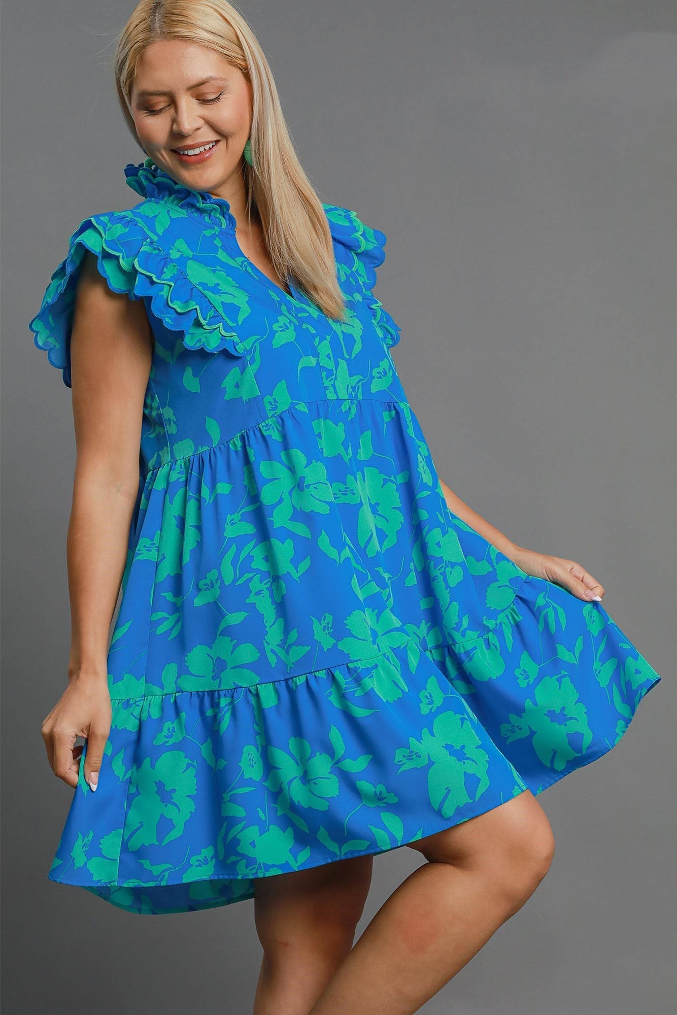 Blue Two-Tone Floral Print Ruffle Cap Sleeve Mini Dress