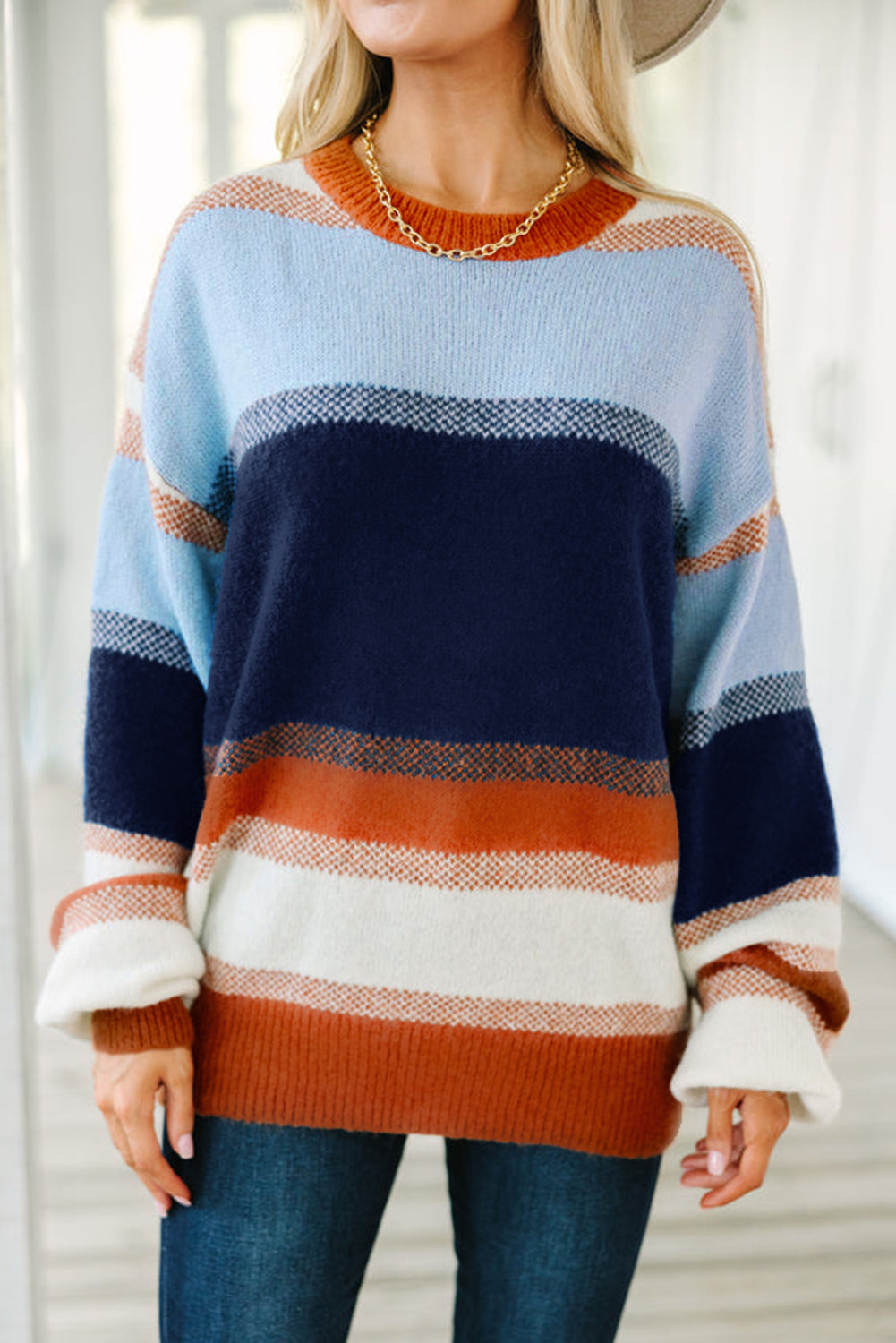 Colorblock Round Neck Long Sleeve Sweater