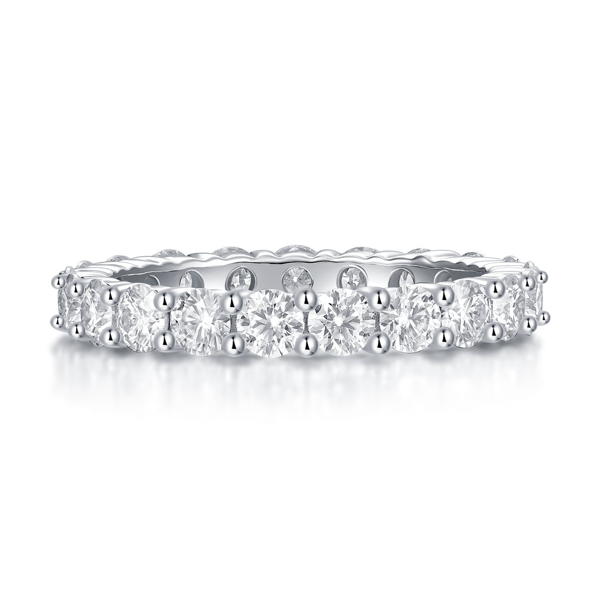 S925 Silver 2.1g Platinum Plated Moissanite Eternity Ring, 3.0mm 19pcs D VVS1 Band, GRA Certified US 5-9