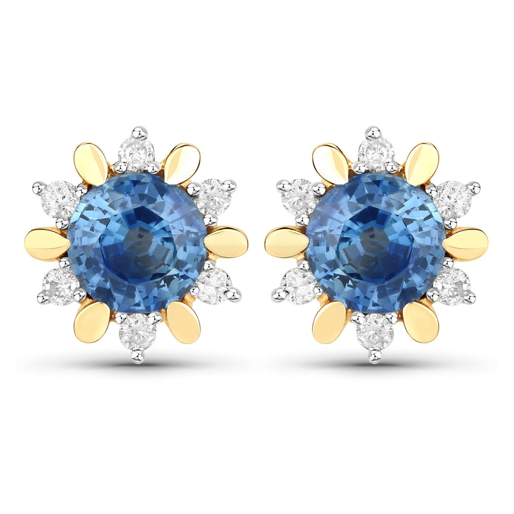 1.87 Carat Genuine Blue Sapphire and White Diamond 14K Yellow Gold Earrings
