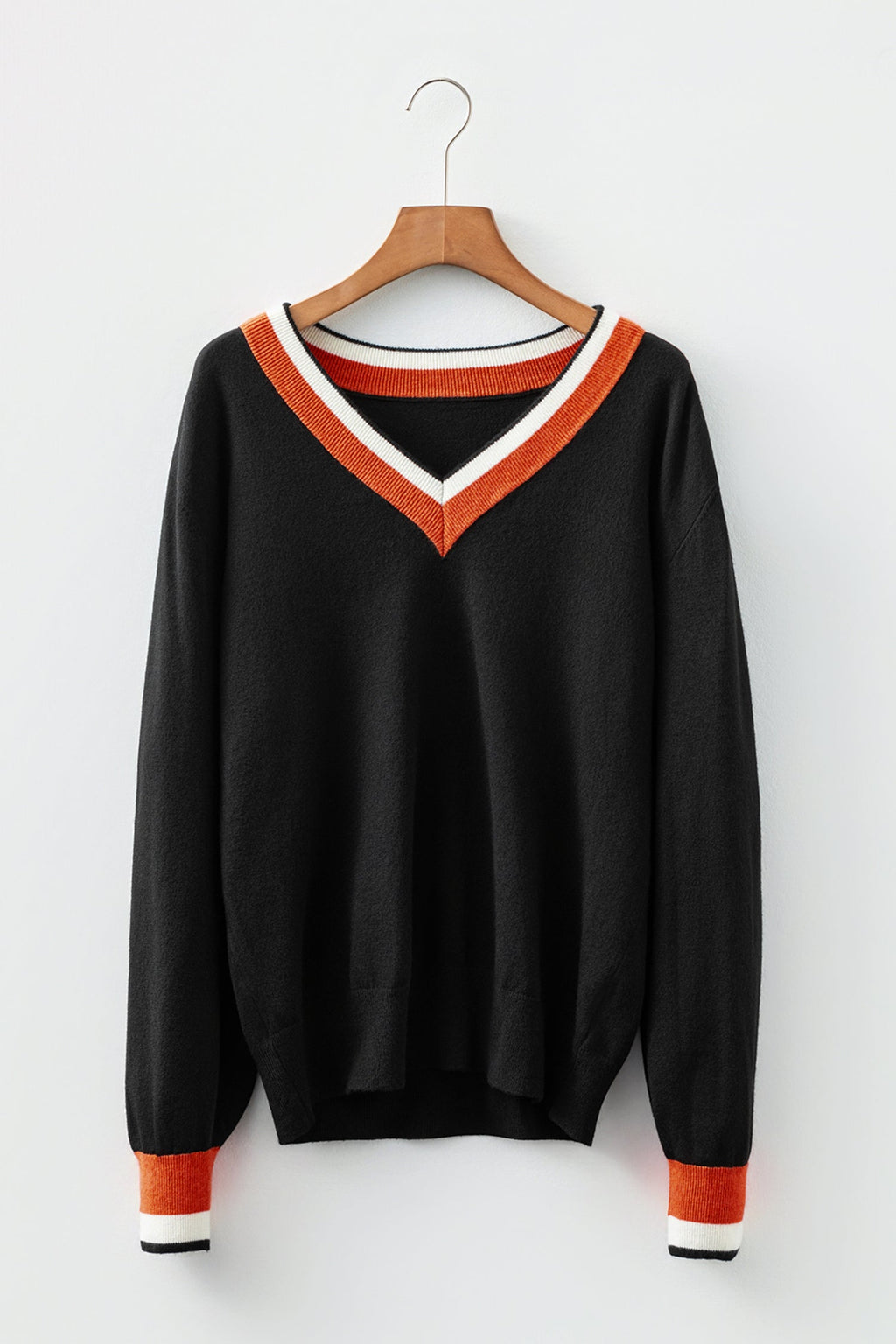 Varsity Stripe Contrast Trim V-Neck Sweater