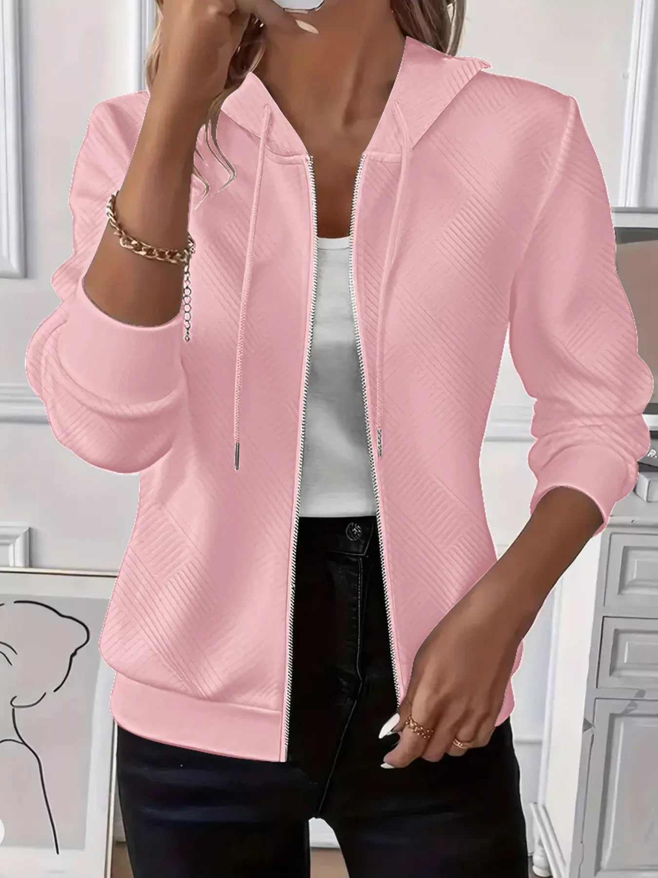 Women's Texture Zip-Up Hoodie with Adjustable Drawstring Closure - Image 7