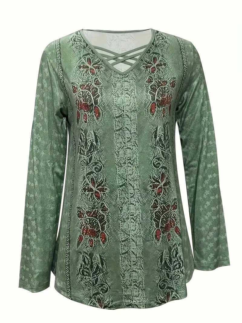 Women's Floral Print V-Neck Tee with Crisscross Neckline Detail - Image 2