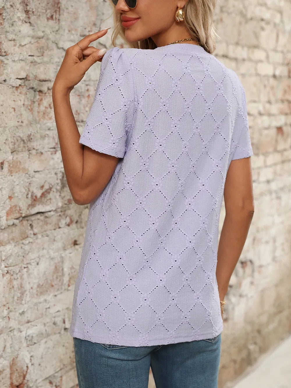 Purple Eyelet Notched Short Sleeve Top with Decorative Button