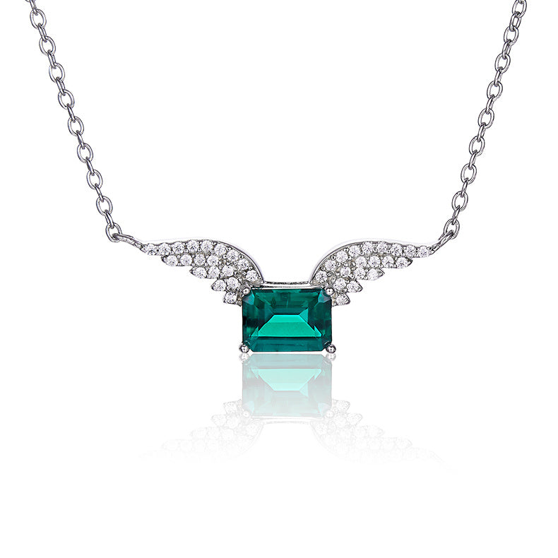 S925 Silver 3g Platinum Plated 0.9ct Lab-Created Emerald Necklace, 7x5mm Angel Wings Pendant, 40&5cm