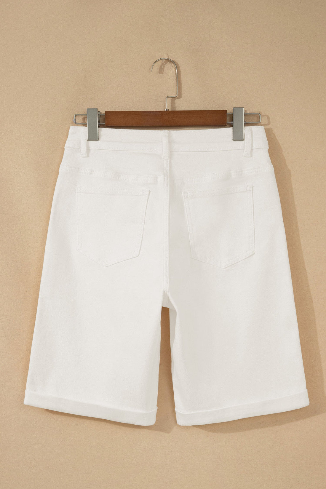 Solid White Denim Bermuda Shorts - High Rise Knee Length Fit