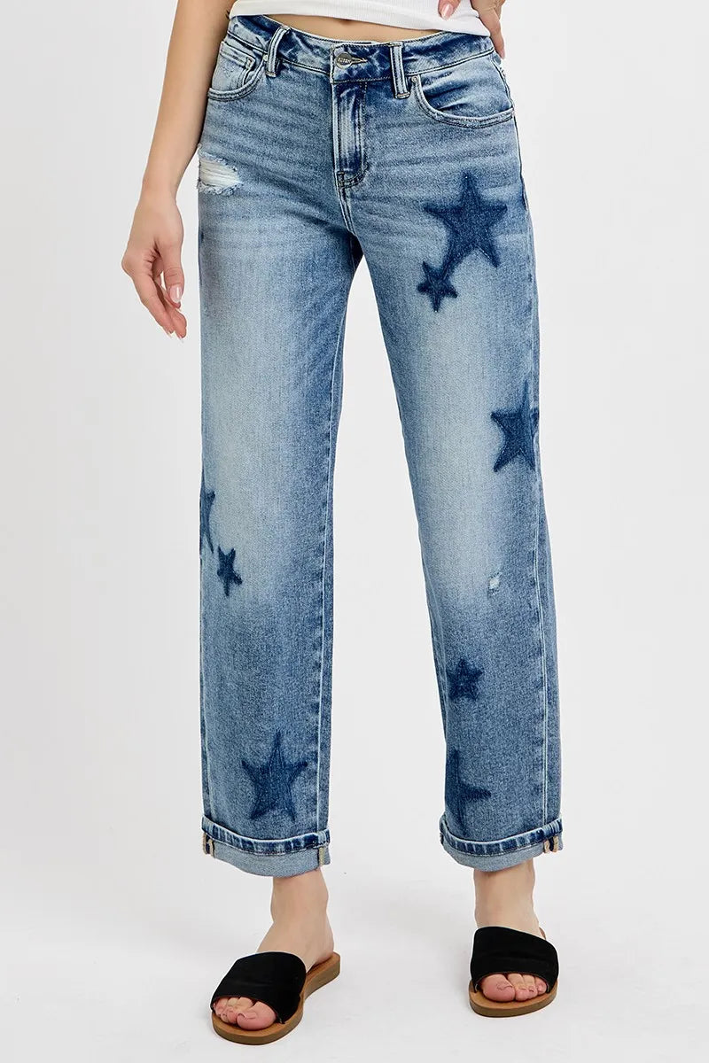 Mid Rise Boyfriend Star Shadow Detail Cuffed Jeans
