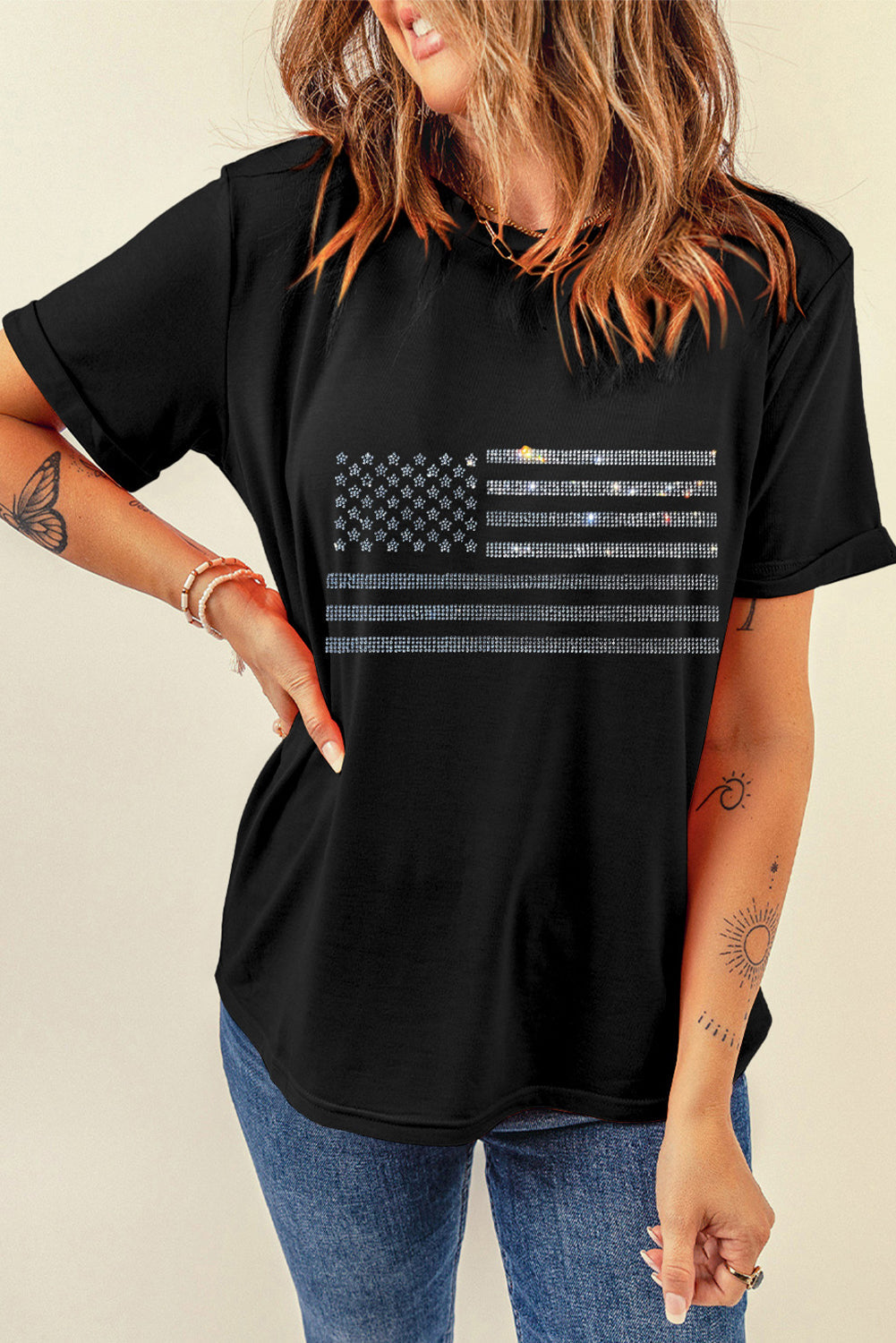 Rhinestone US Flag Short Sleeve T-Shirt | Women's Crew Neck Tee