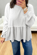 White Textured Drop Shoulder Peplum Long Sleeve Blouse