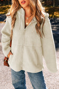 Beige Fleece Zip Up Hooded Jacket with Drawstring & Pockets