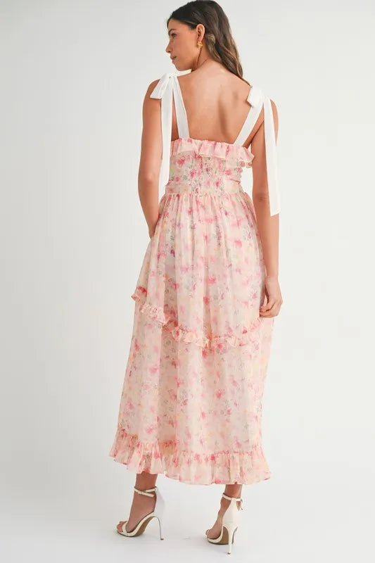 Floral Printed Shoulder Strap Midi Dress in Chiffon