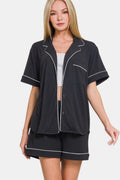 Zenana Button Down Short Sleeve Lounge Set