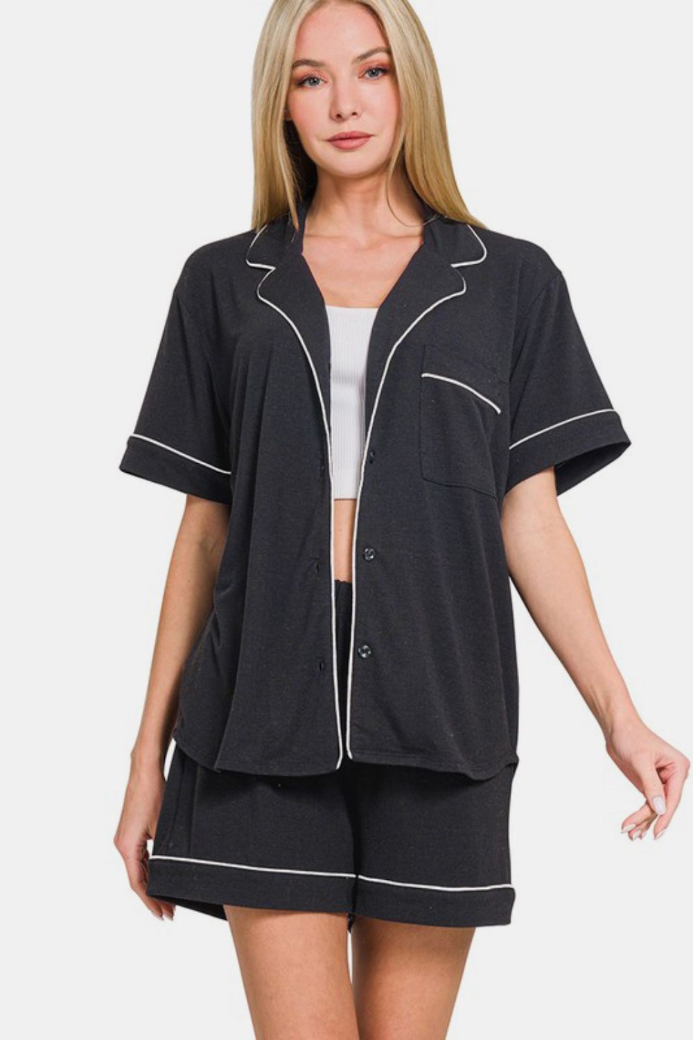 Zenana Button Down Short Sleeve Lounge Set