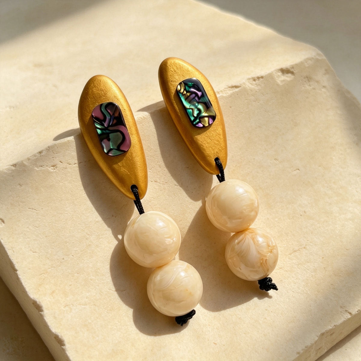 Women Wood Faux Abalone Shell Double Faux Pearl Drop Earrings, Boho Earth Tone Lightweight Vacation Statement Jewelry