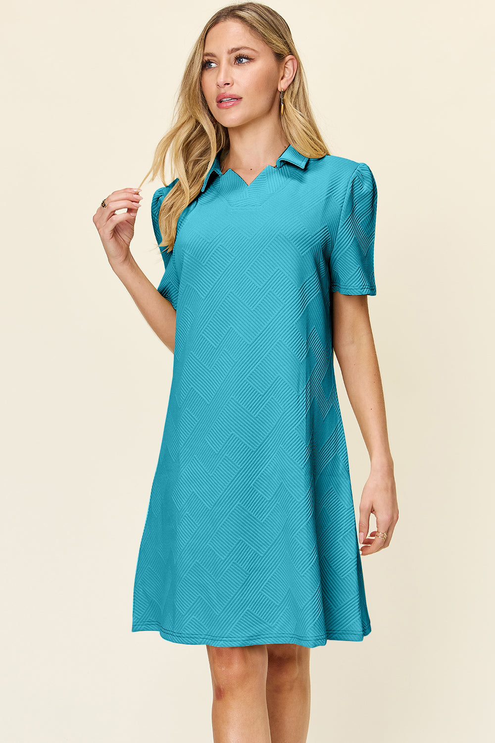 Collared Neck Short Sleeve Textured Mini Dress for Women