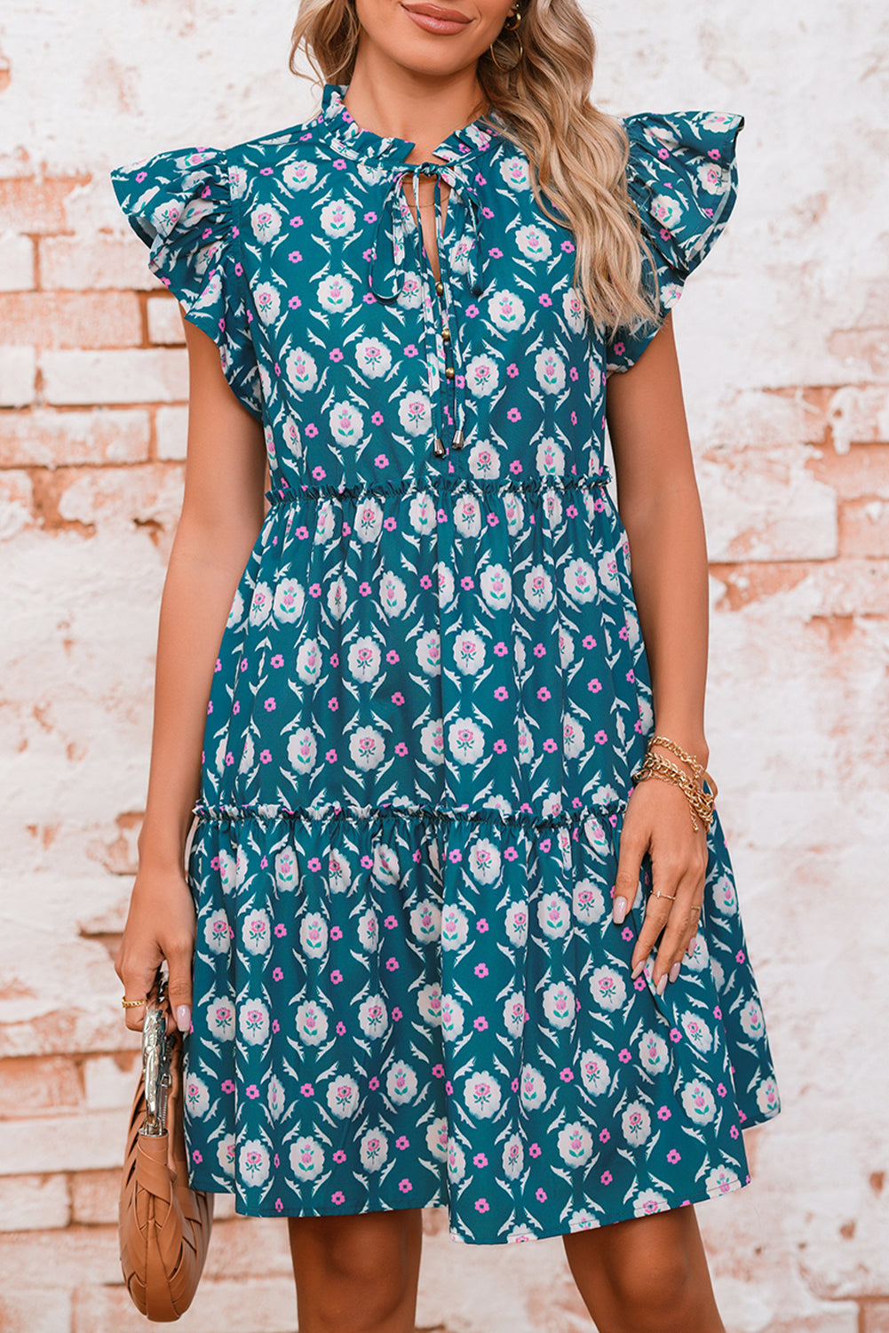 Blue Retro Floral Print Split Neck Ruffle Short Sleeve Dress
