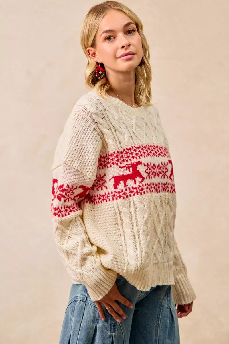 Christmas Fair Isle Cable Knit Sweater in Red