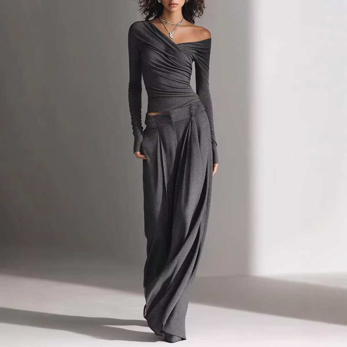Women's Long-Sleeve Off-Shoulder Top and Loose Trouser Set - Image 3
