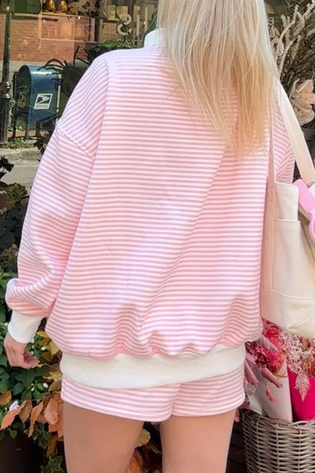 Pink Stripe Oversize Mock Neck Sweatshirt & Shorts Set