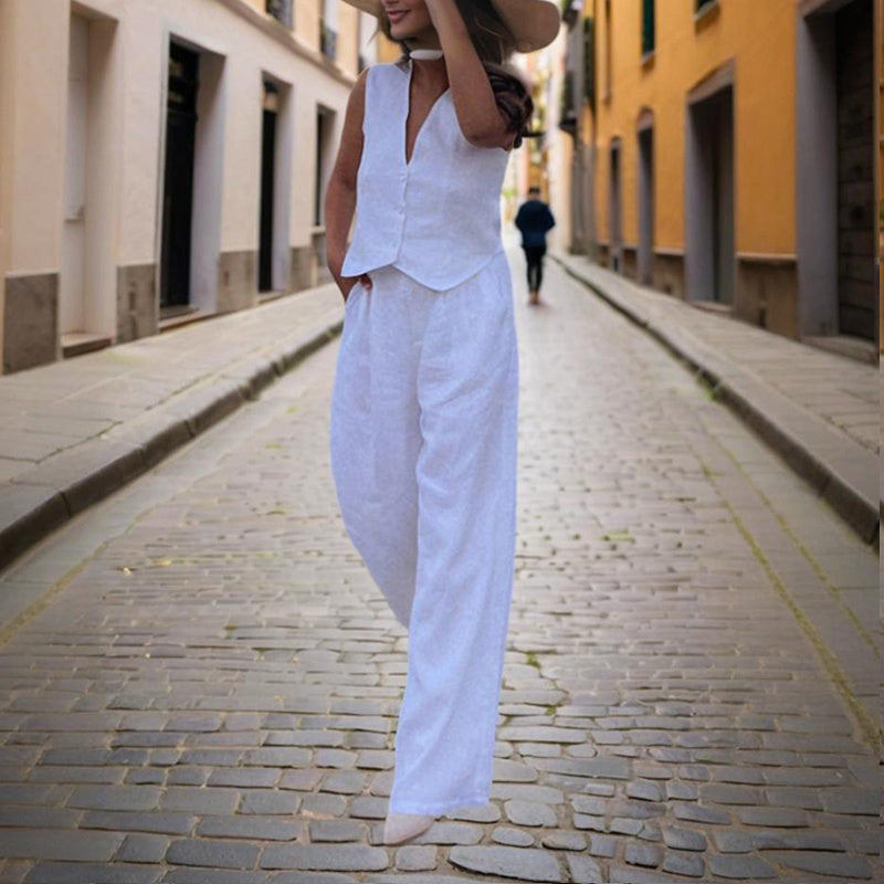 Women’s V-Neck Button-Front Vest and High-Waist Pants Set