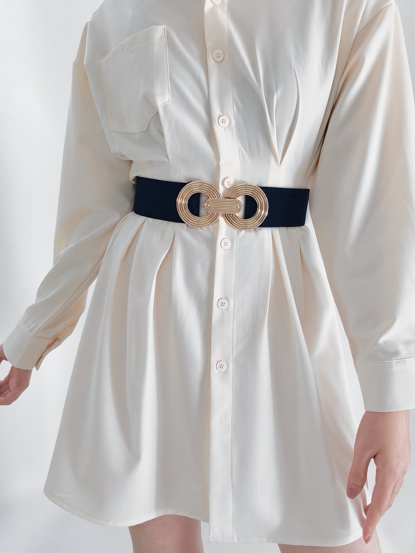 Geometric Buckle Elastic Wide Belt | Brown & Gold