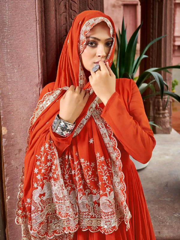 Rust Readymade Georgette Kurta Set with Sequins Embroidery