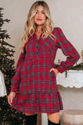 Front view of Wynlyra plaid long sleeve mini shirt dress with button front and ruffle hem