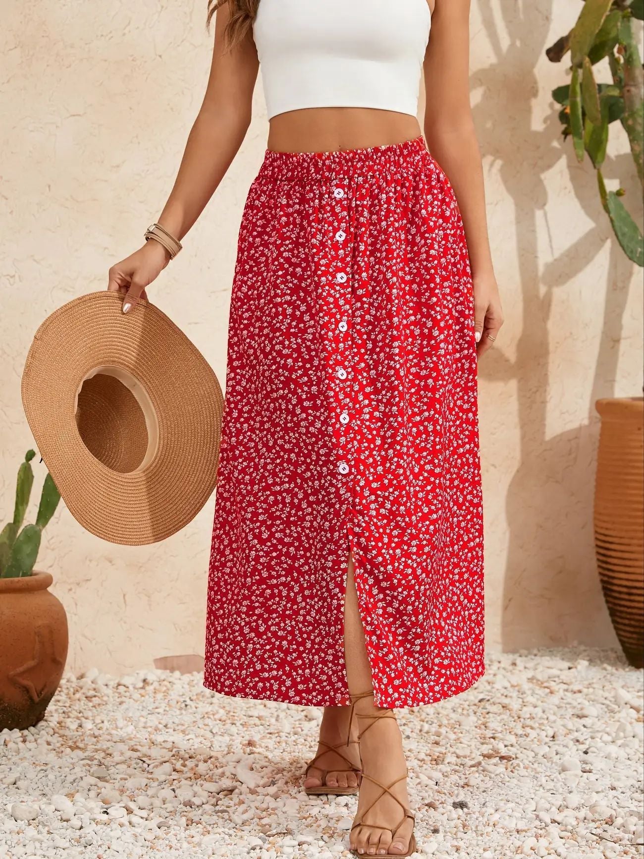 Bohemian Floral Print A-Line Skirt with Self-Tie Waist