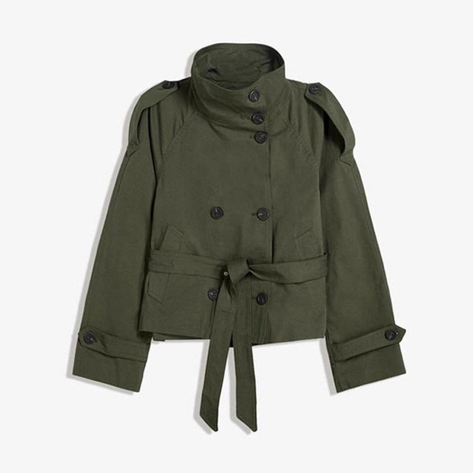 Women's Short Trench Coat with Lace-Up Waist Detail - Image 7