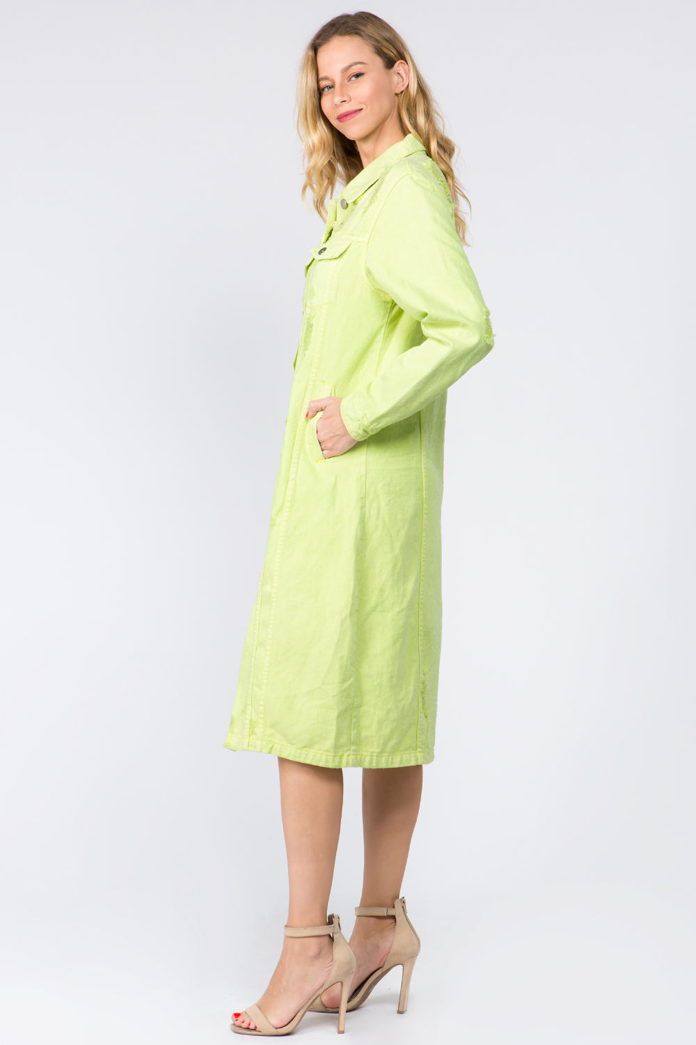 Lime Green Distressed Denim Shirt Dress for Women