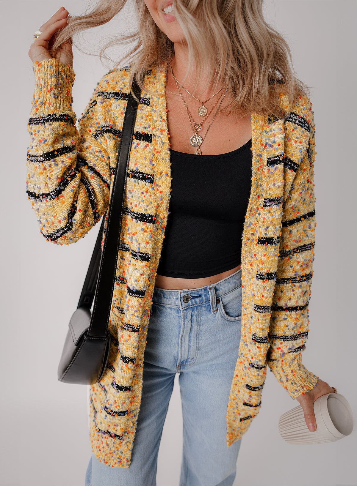 Yellow Striped Pom Pom Knit Open Front Long Cardigan Sweater