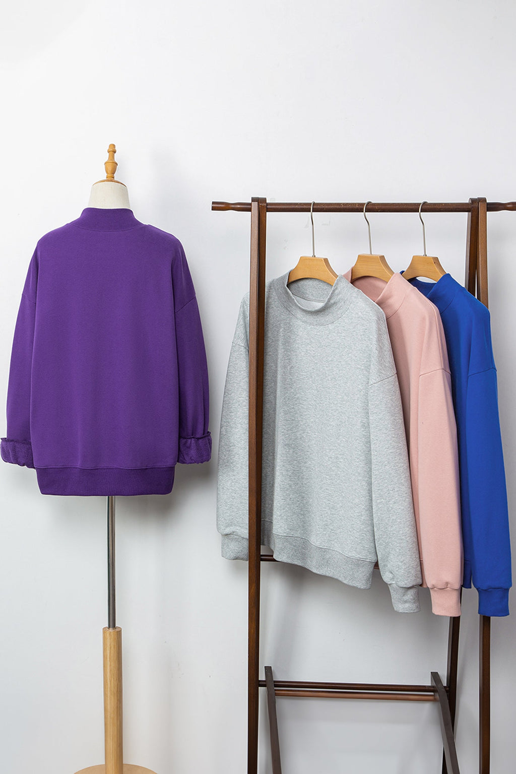 Dark Blue Solid Color Oversized Mock Neck Sweatshirt