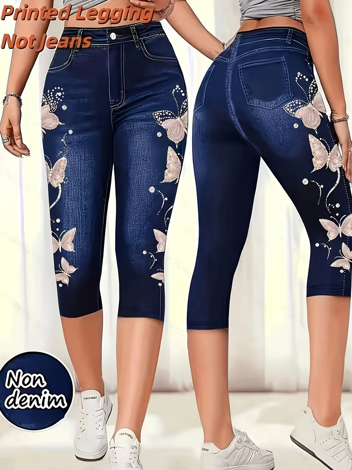 Plus Size Faux Denim Butterfly Capri Pants