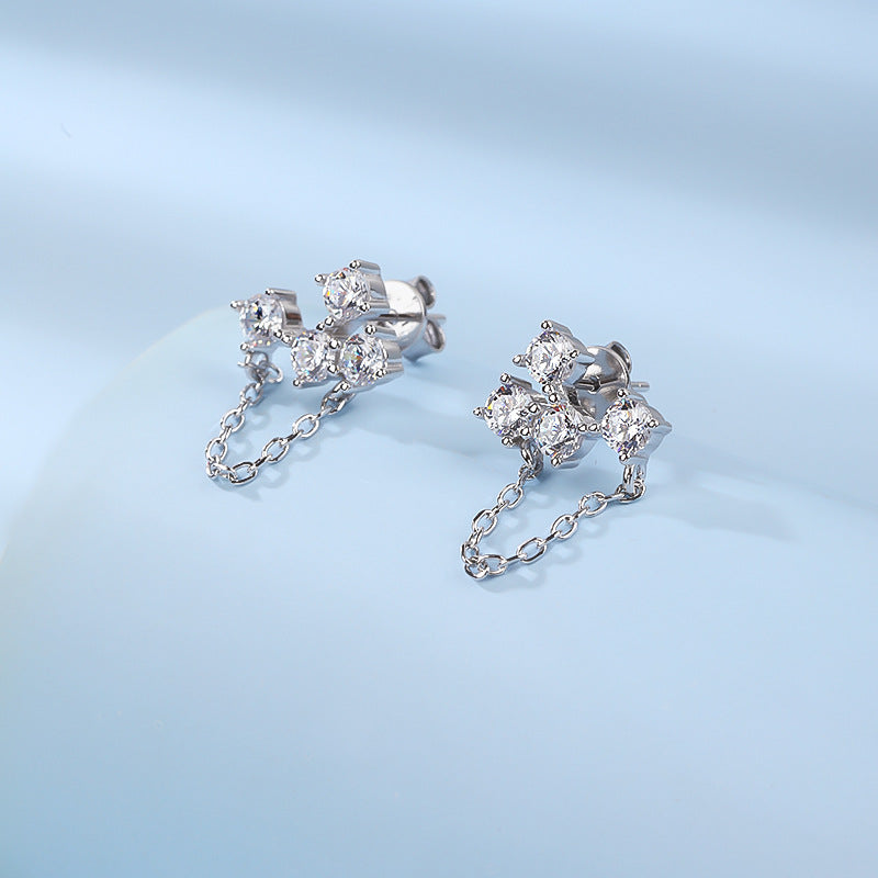 S925 Silver Asymmetric Multicolor Zircon Tassel Drop Earrings