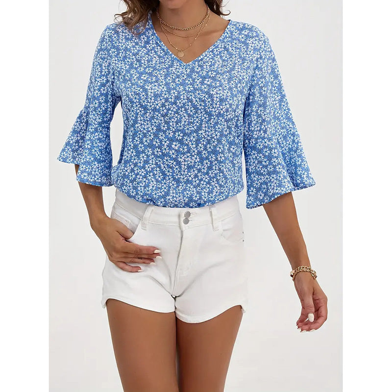 Womens Blue Floral V-Neck Blouse with Flare Sleeves - Image 9