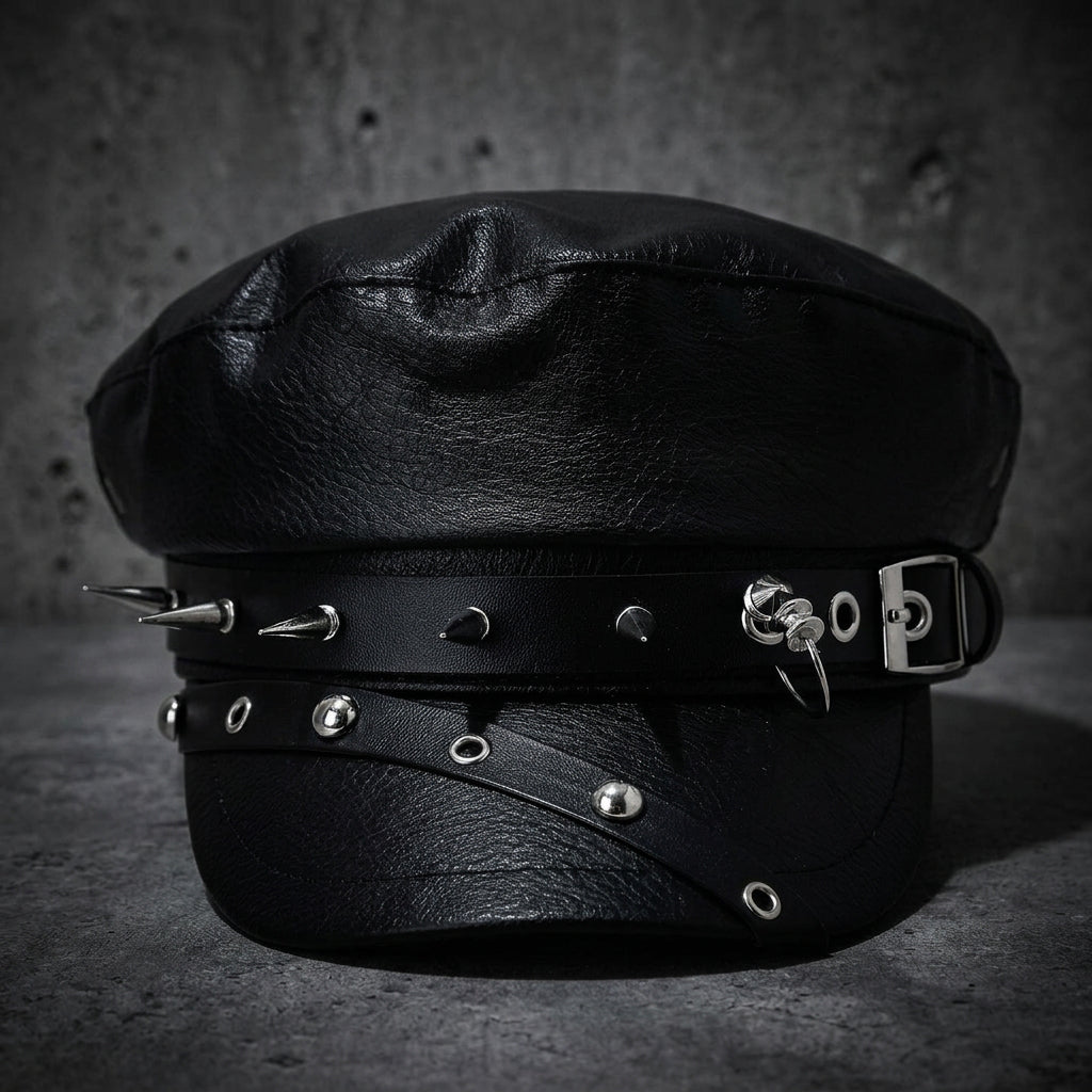 PU Leather Skull Rivet Flat-Top Newsboy Cap – Hip-Hop Streetwear Hat