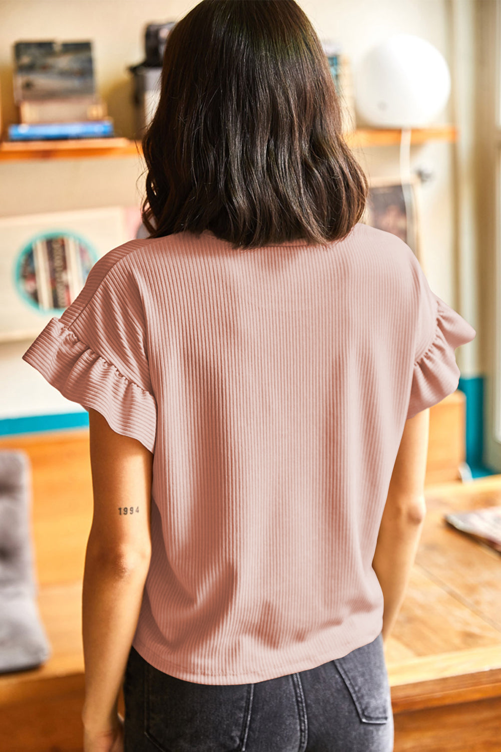 White Ribbed Ruffled Short Sleeve T-Shirt | Stretch Knit Tee