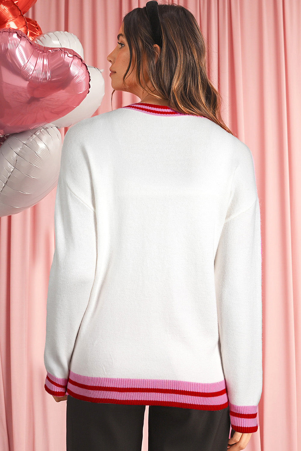 White Striped Bow Graphic Drop Shoulder Sweater