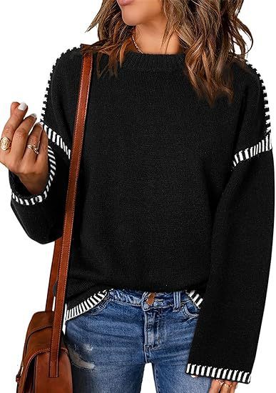 Women's Loose Round Neck Pullover Sweater with Flared Sleeves