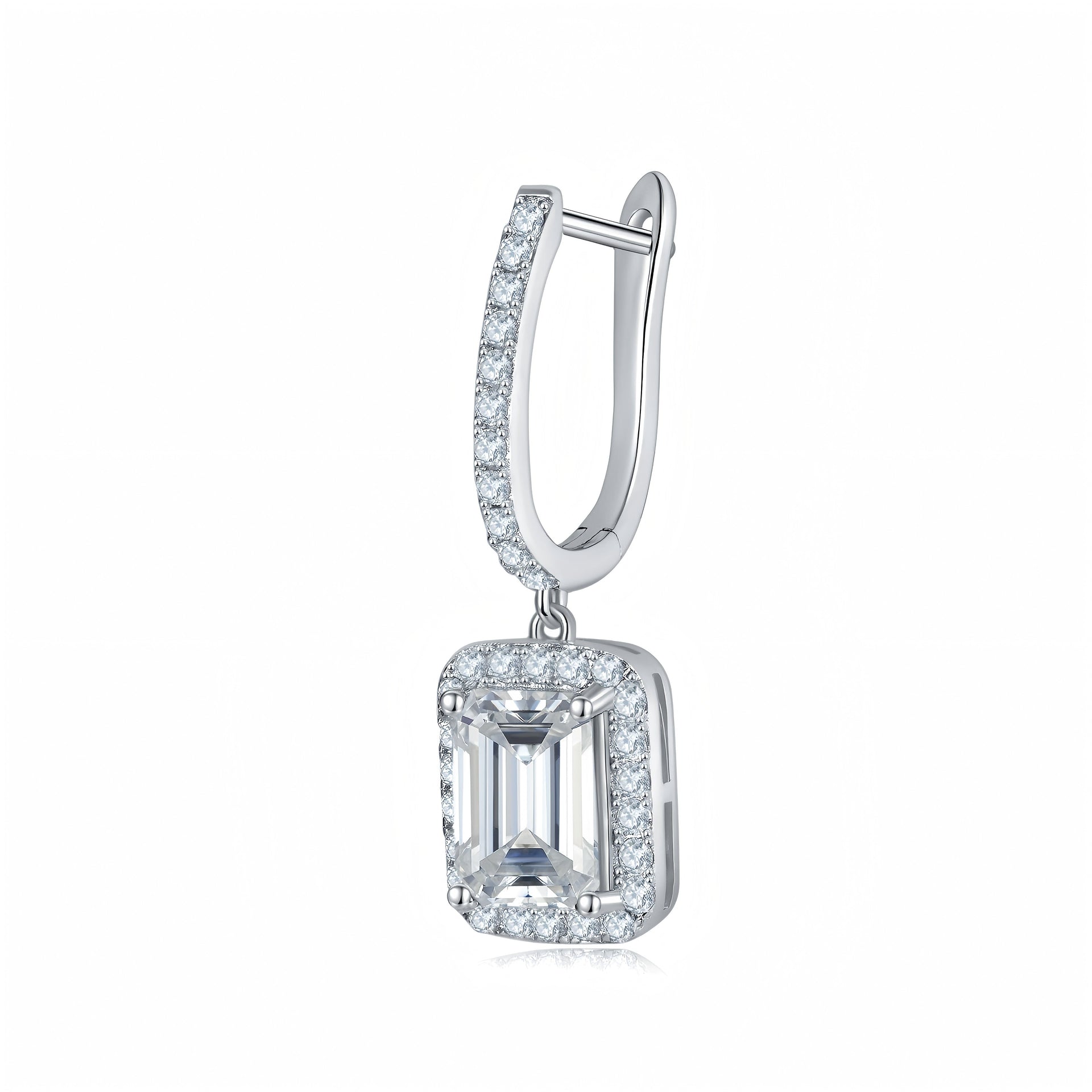Emerald cut moissanite halo hoop earrings with platinum plating in a luxury gift box