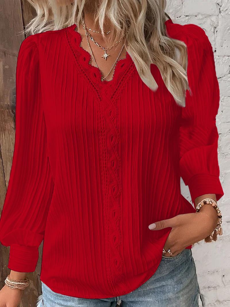 Women White Lace Trim V-Neck Blouse Long Puff Sleeve Shirt