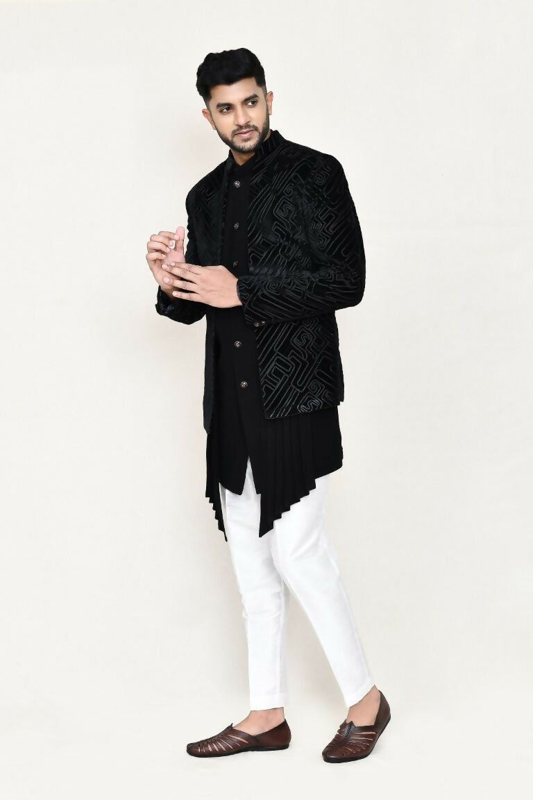 Black Velvet Embroidered Open Jacket with Matching Pant Set