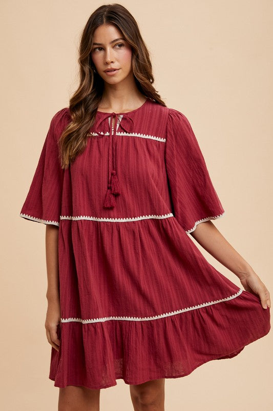 Tassel Contrast Trim Tiered Dress with Tie Neck