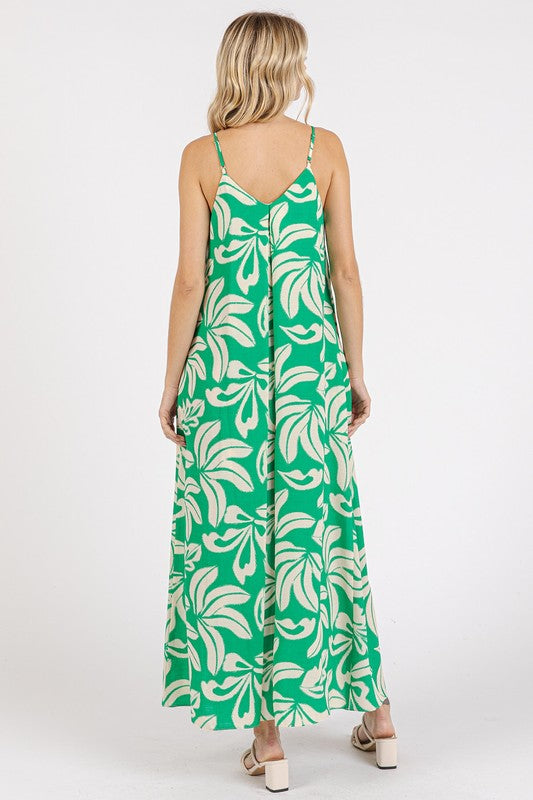 Printed V-Neck Maxi Cami Dress with Pockets & Ruched Detail